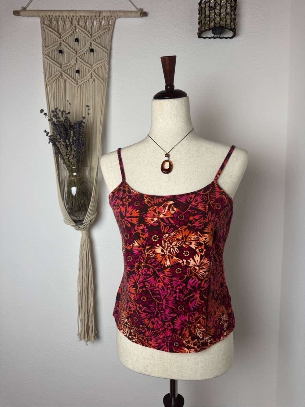 Floral Spaghetti Strap Tank Top - Burgundy Orange Pink